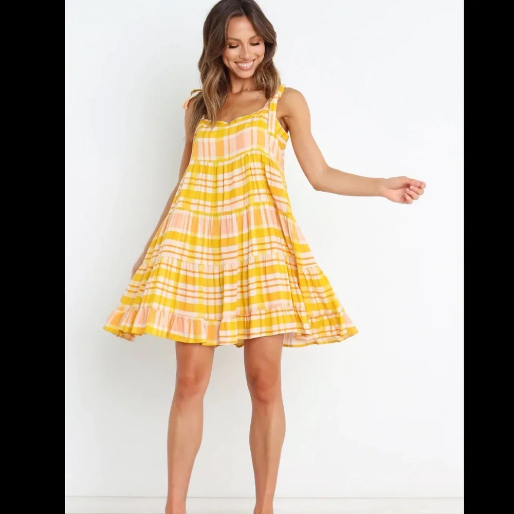 Petal & Pup Yellow and Peach Plaid Mini Dress - Picture 5 of 15